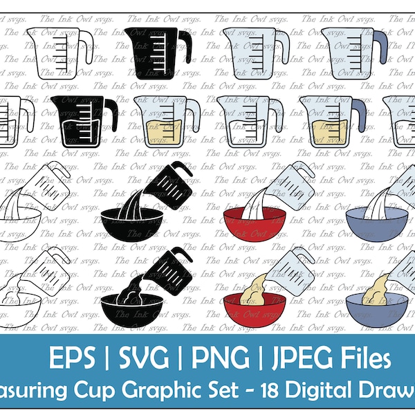 Measuring Cup Baking Vector Clipart / Outline, Silhouette Stamp & Color Graphic / Mixing Ingredients / Png, Jpg, Svg, Eps