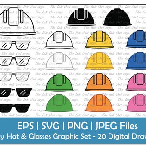 Hard Hat & Safety Glasses Clipart / Outline, Silhouette, Color Graphics / Construction Safety Equipment / White Yellow / Png, Jpg, Svg, Eps