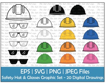 Hard Hat & Safety Glasses Clipart / Outline, Silhouette, Color Graphics / Construction Safety Equipment / White Yellow / Png, Jpg, Svg, Eps