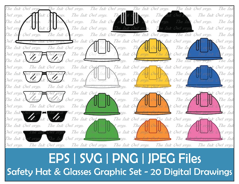 Schutzhelm & Schutzbrille Clipart / Umriss, Silhouette, Farbgrafik / Bausicherheitsausrüstung / Weiß Gelb / Png, Jpg, SVG, Eps Bild 1
