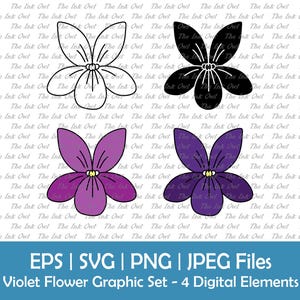 Conjunto de clipart vetorial de flor violeta / Contorno, silhueta e desenho gráfico colorido / Flor de nascimento em fevereiro / Png, Jpg, Eps, Svg
