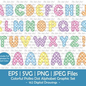 Kleurrijke Polka Dot Alfabetletters Vector Clipart / Tekstafbeeldingen / ABC Logo Banners / Svg, Png, Jpg, Eps / Verjaardag Regenboogkleuren