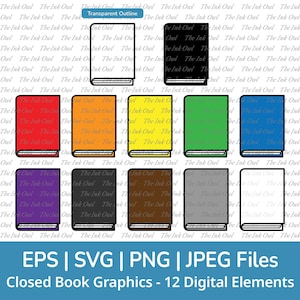 Geschlossenes Buch Clipart Set / Bibliothek Schule Lese Grafik / Umriss, Silhouette und Farbe / Kommerzielle Nutzung / Png, Jpg, Eps, svg