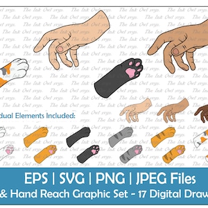 Kat Poot en Hand Reiken Clipart Set / Kleur Stempel Tekening Graphic / Calico, Tabby / Sublimatie / PNG, JPG, SVG, Eps