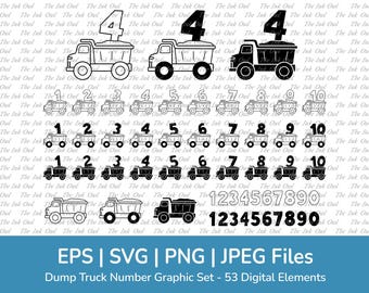 Dump Truck Number Vector Clipart / Birthday Boy Shirt Design / Outline & Silhouette Graphics / Construction / Ages 1-10 / Svg, Png, Jpg, Eps