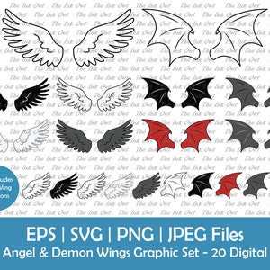 Conjunto de imágenes prediseñadas vectoriales de alas de ángel y demonio / Contorno, sello y gráficos en color / Plumas abiertas y alas de murciélago / Svg, Png, Eps, Jpg