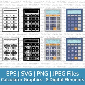 Calcolatrice con numeri Svg Vector Clipart Set / Contorno, timbro Silhouette e disegno grafico a colori / Matematica / Png, Jpg, Svg, Eps