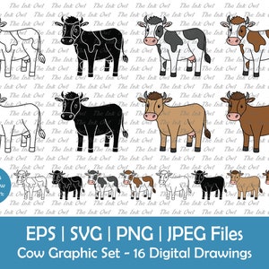 Farm Cow Vector Clipart Bundle / Outline, Silhouette Stamp & Color Graphics / Dairy and Beef Cattle with Horns / Svg, Png, Jpg, Eps