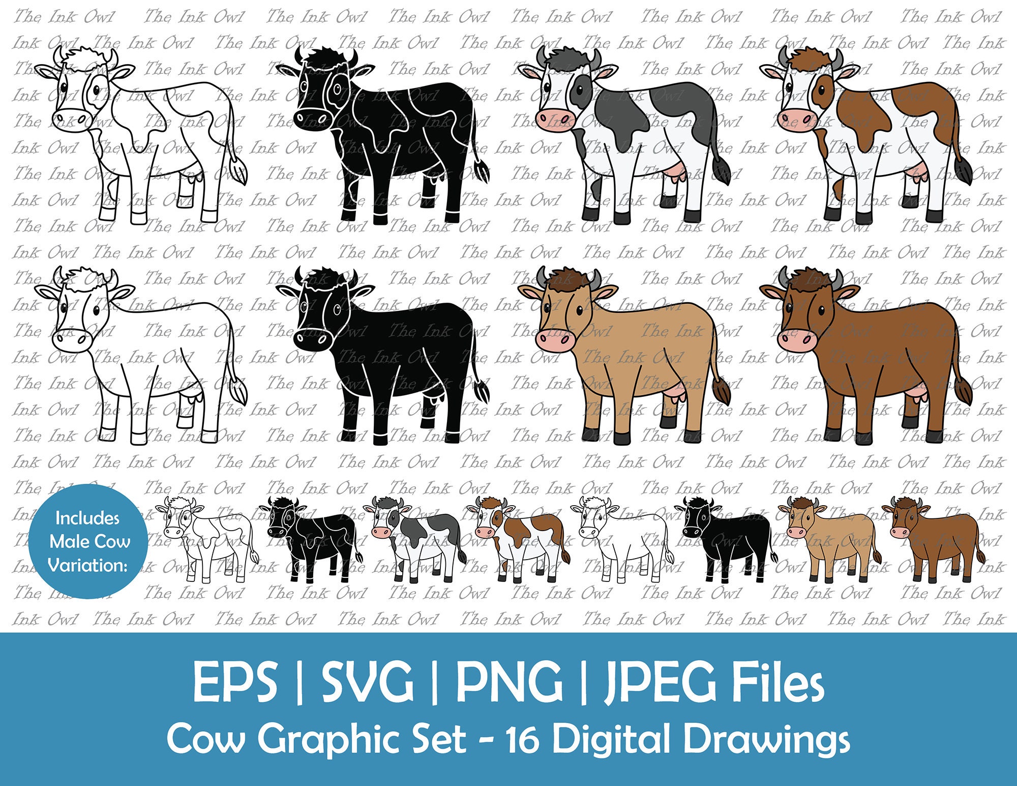Farm Cow Vector Clipart Bundle / Outline, Silhouette Stamp & Color Graphics / Dairy and Beef Cattle with Horns / Svg, Png, Jpg, Eps