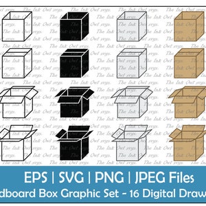Caja de cartón Vector Clipart / Contorno, Sello de silueta e ilustraciones de dibujo en color / Paquete / PNG, JPG, SVG, Eps