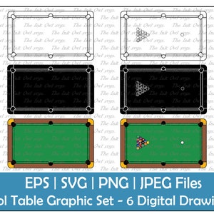 Billiards or Pool Table Template Vector Clipart Set / Outline, Silhouette & Color Graphic / With balls / Sports Diagram / PNG, JPG, SVG, Eps