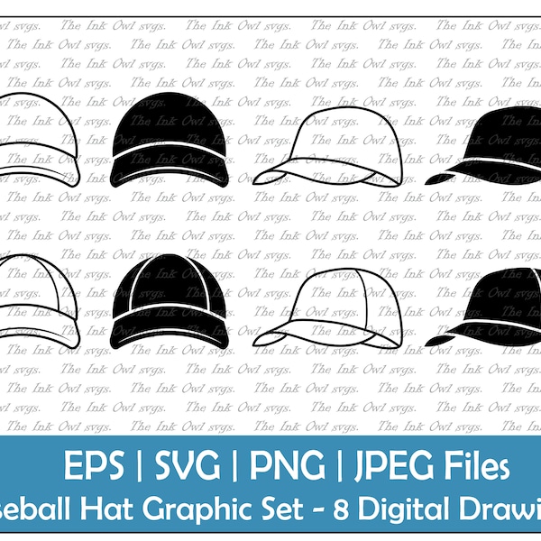 Baseball Hat Cap Clipart Set / Front and Side / Outline & Stamp Illustration Graphics / Sports Wear / Png, Svg, Eps, Jpg