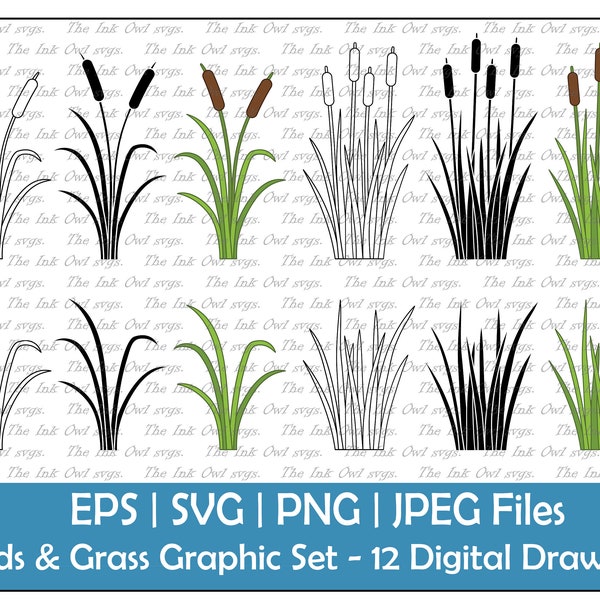 Cattail Reeds and Grass Vector Clipart Set / Outline & Stamp Drawing Graphic / Marsh / PNG, JPG, SVG, Eps