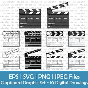 Regisseur Clapper Board Vektor Clipart / Outline, Silhouette & Farbgrafiken / Filmsublimation / Offen, Geschlossen / Svg, Png, Jpg, Eps