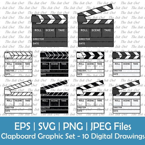 Director Clapper Board Vector Clipart / Outline, Silhouette & Color Graphics / Film Movie Sublimation / Open, Closed /  Svg, Png, Jpg, Eps