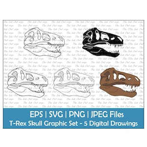 T-Rex Dinosaur Skull Vector Clipart / Outline, Silhouette & Color Fossil Illustration / Tyrannosaurus / Png, Jpg, Svg, Eps