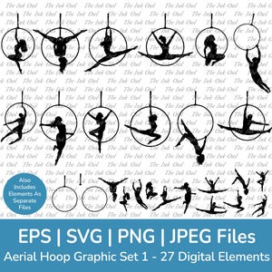 Luchtfoto hoepel ring silhouet poses vector clipart set/stempel graphics/acrobaat aerialist circus gymnastiek sport/svg, png, eps, jpg