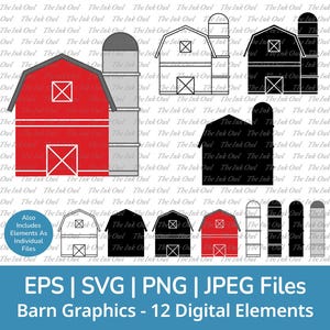 Barn and Grain Silo Drawing Vector Clipart / Outline & Stamp Illustrations / PNG, JPG, SVG, Eps