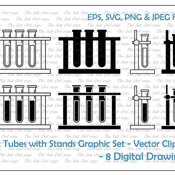 Test Tube Stands and Clamps Vector Clipart Set / Outline and Stamp Drawing Graphics / Science and Chemistry / PNG, JPG, SVG, Eps