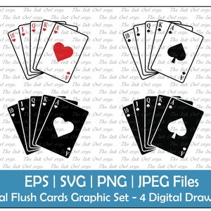 Royal Flush Hand Vector Clipart Set / Poker / Hearts and Spades / Outline and Silhouette Stamp Drawing Graphic / PNG, JPG, SVG, Eps