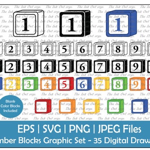 May include: A set of 35 digital drawings of number blocks. The blocks are in various colors, including black, white, blue, yellow, green, red, and orange. The numbers 1 through 10 are included in both black and white and color.