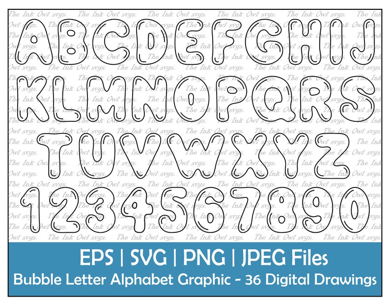 Bubble Letter Alphabet and Numbers Vector Clipart / Outline Text Graphics / ABC 123 Logos banners / PNG, JPG, svg, Eps image 1