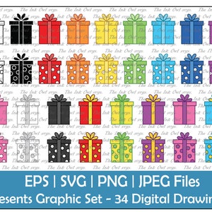Birthday Presents or Gifts Vector Clipart / Outline, Silhouette & Color Graphic / Birthday Holiday Christmas Gift Boxes / PNG, JPG, SVG, Eps