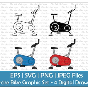 May include: Set of four digital illustrations of an exercise bike in different colours: black, white, blue, and red. The bike has a seat, handlebars, and pedals.