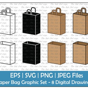 Sac en papier Vector Clipart Set / Contour, Silhouette Timbre & Couleur Dessin Graphique / Sublimation / PNG, jpg, SVG, Eps