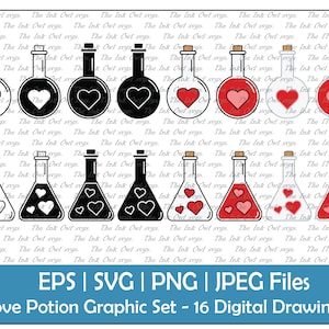 Love Potion Bottle Vector Clipart / Outline, Silhouette & Color Drawing Graphic / Spells and Romance / Digital Sticker / PNG, JPG, SVG, Eps