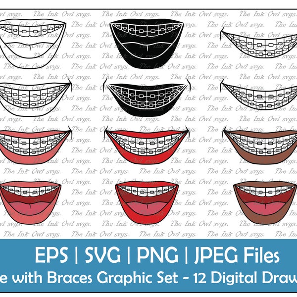 Smile with Teeth and Braces Vector Clipart / Outline, Silhouette Stamp & Color Drawing Graphic / Sublimation / PNG, JPG, SVG, Eps