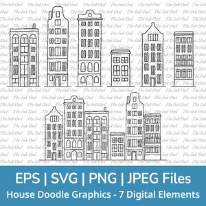 Townhouse Building Sketch Doodle Svg Vector Clipart Set / Outline Drawing Illustrations / European Amsterdam Row House / Png, Svg, Jpg, Eps