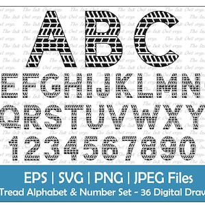 Reifenspur Buchstabe Alphabet und Zahlen Vektor Clipart / Umriss Text Grafik / ABC 123 Logos / Reifen Muster / PNG, JPG, svg, Eps