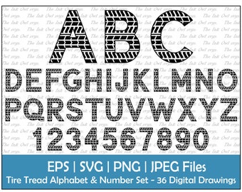 Tire Track Tread Letter Alphabet and Numbers Vector Clipart / Outline Text Graphics / ABC 123 Logos / Tire Pattern / PNG, JPG, svg, Eps