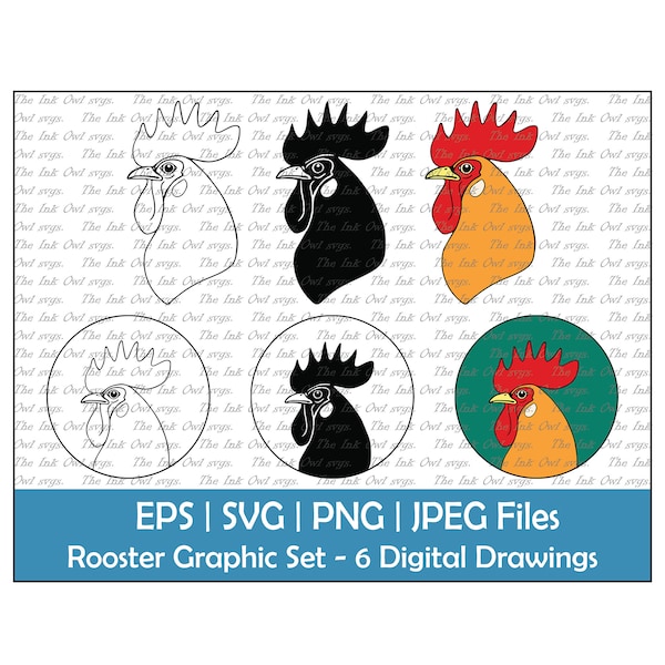 Rooster Head Vector Clipart / Outline, Silhouette Stamp & Color Drawing Illustrations / Sublimation / PNG, JPG, SVG, Eps