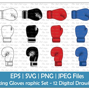 Boxing Glove Vector Clipart Set / Esquema, Sello y Gráficos en Color / Equipo Deportivo / PNG, JPG, SVG, Eps