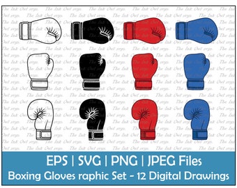 Boxing Glove Vector Clipart Set / Outline, Stamp and Color Graphics / Sports Equipment / PNG, JPG, SVG, Eps
