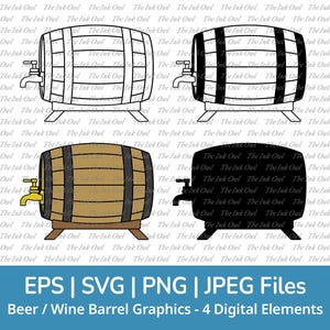 Wijn- of biervat Vector Clipart Set / overzicht & silhouet stempel tekening afbeelding / houten vat / Png, Svg, Eps, Jpg