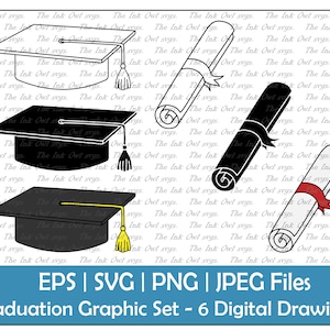 Graduierung Mortarboard Hut & Zertifikat oder Diplom Vektor Clipart / Umriss, Stempel, Farbgrafik / Grad Sublimation / Png, Jpg, SVG, Eps
