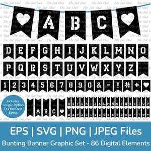 Puede incluir: Conjunto de gráficos de pancarta de banderines en blanco y negro con 86 elementos digitales, incluidas letras, números, signos de puntuación y un corazón. El conjunto incluye una opción más larga para doblar sobre la cuerda.