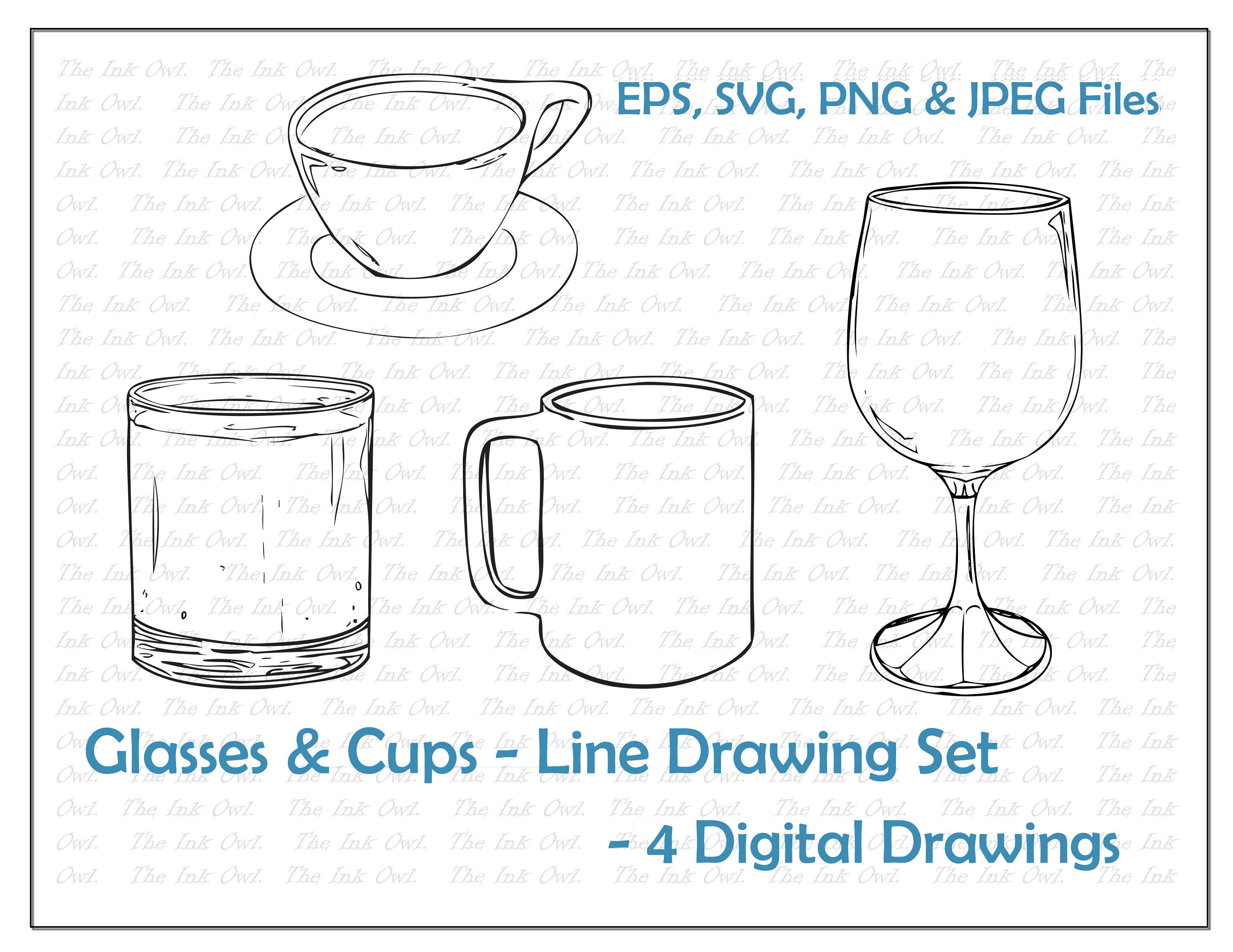 Download Drinking Glasses Line Drawing Set Coffee Cup Tea Wine Mug Etsy
