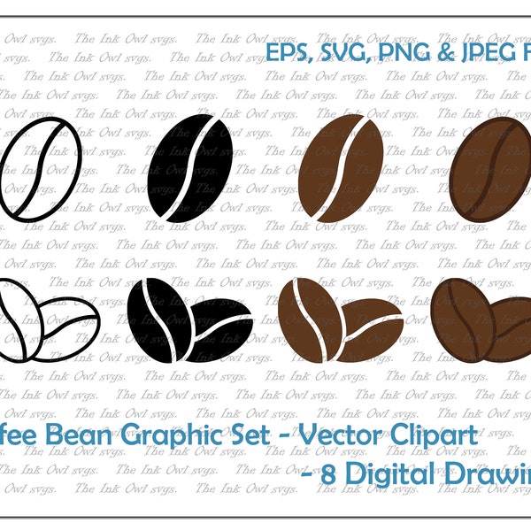 Coffee Bean Vector Clipart Set / Outline & Stamp Icon Graphic / PNG, JPG, SVG, Eps