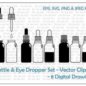 Eye Dropper and Bottles Clipart Vector Set / Outline & Stamp Drawing Illustrations / PNG, JPG, SVG, Eps