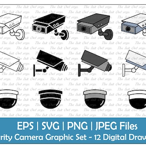 Beveiligingscamera Vector Clipart Set / Outline, Stamp & Color Tekening Graphic / Veiligheid en Bewaking / PNG, JPG, SVG, Eps