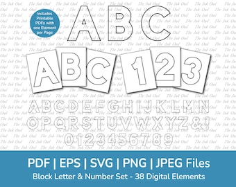 May include: Digital block letter and number set with 38 elements. The image displays the letters A, B, C, and the numbers 1, 2, 3, along with the full alphabet and numbers 0-9. The text includes file types: PDF, EPS, SVG, PNG, and JPEG.
