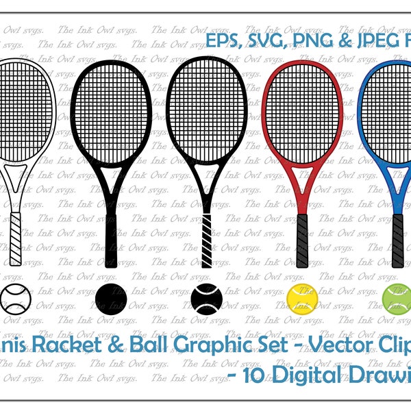 Tennis Racket and Ball Vector Clipart Set / Outline & Stamp Drawing Illustrations / Sports Graphic / PNG, JPG, SVG, Eps