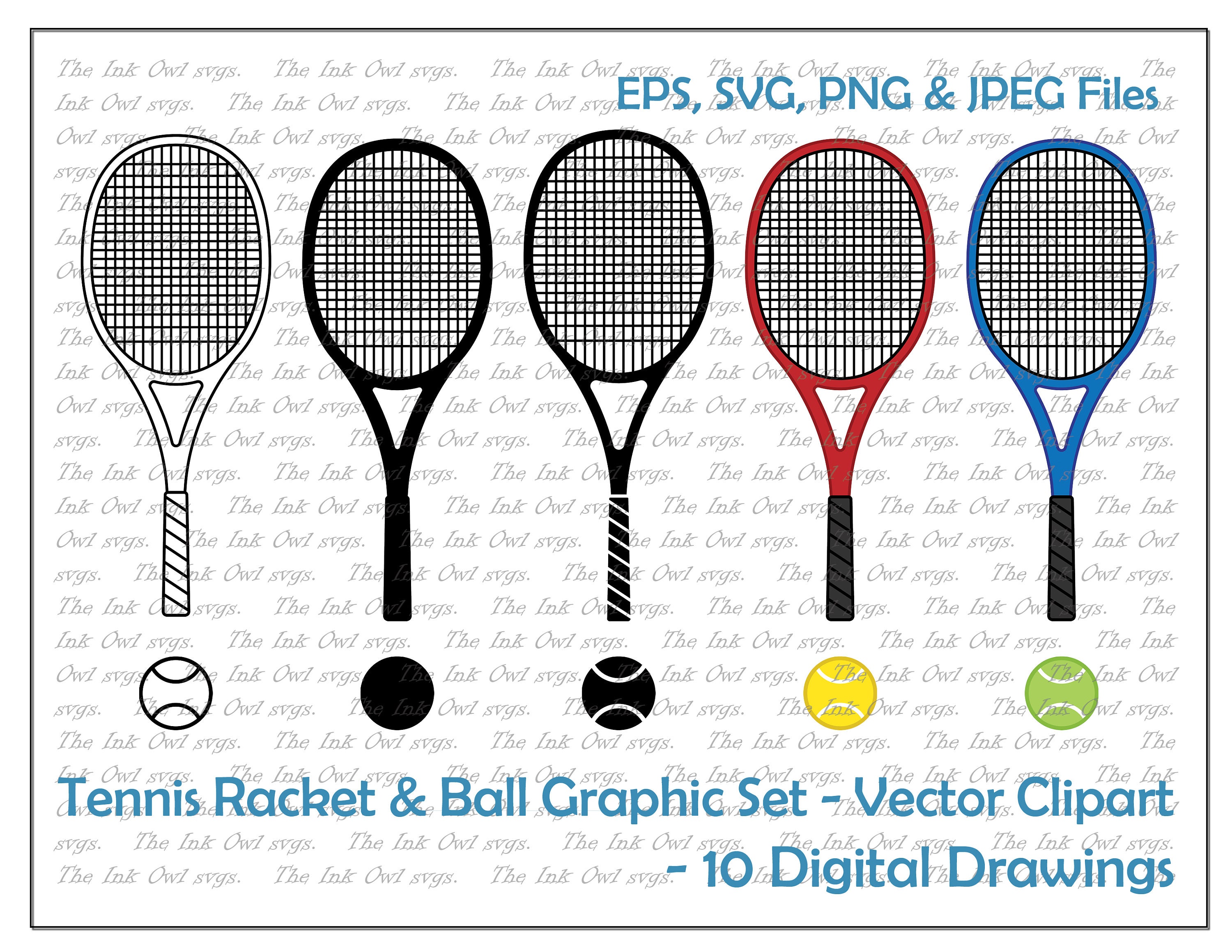 Tennis Racket and Ball Vector Clipart Set / Outline & Etsy
