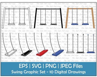 Swing Playset Vector Clipart Set / Outline, Stamp & Color Graphics / Children's Backyard Swing / Commercial Use / PNG, JPG, SVG, Eps