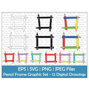 Moldura de lápis colorido clipart / contorno, silhueta e gráficos coloridos / sublimação decorativa para crianças de volta às aulas / Svg, Png, Jpg, Eps
