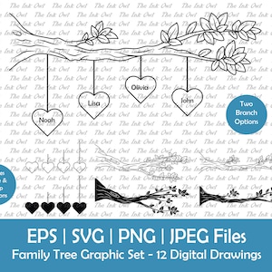 Arbre généalogique avec nom coeurs suspendus modèle Clipart / Illustration graphique dessin contour & Silhouette / Branches / Png, Jpg, Svg, Eps